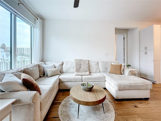 living room with hardwood / wood-style flooring and ceiling fan