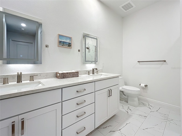 full bathroom featuring visible vents, marble finish floor, a sink, and toilet