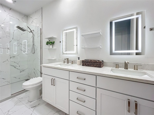 full bathroom with marble finish floor, a sink, a marble finish shower, and toilet