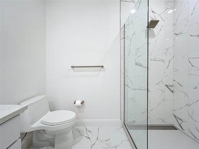 bathroom featuring toilet, vanity, baseboards, marble finish floor, and a marble finish shower