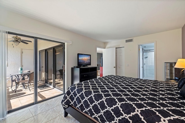 bedroom with tile patterned flooring, a closet, ensuite bathroom, ceiling fan, and access to outside