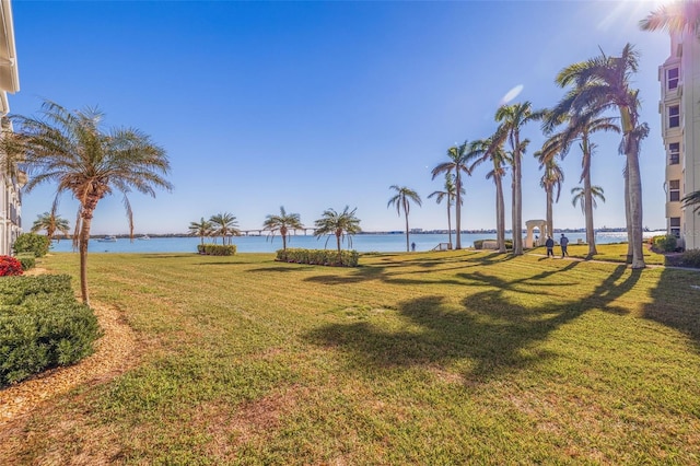 view of yard with a water view