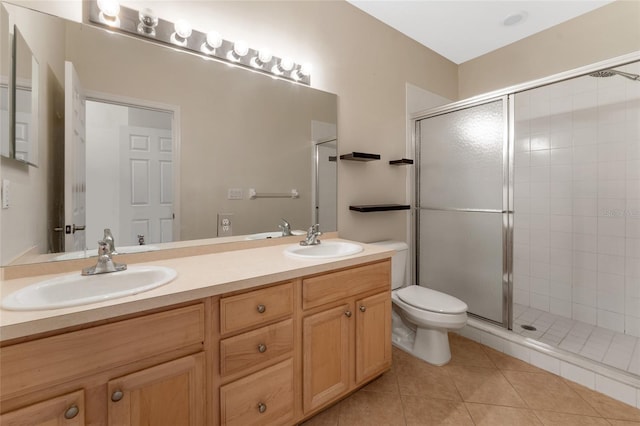 bathroom with tile patterned flooring, vanity, toilet, and a shower with door