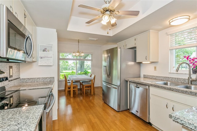 kitchen with white cabinetry, sink, hanging light fixtures, a tray ceiling, and appliances with stainless steel finishes