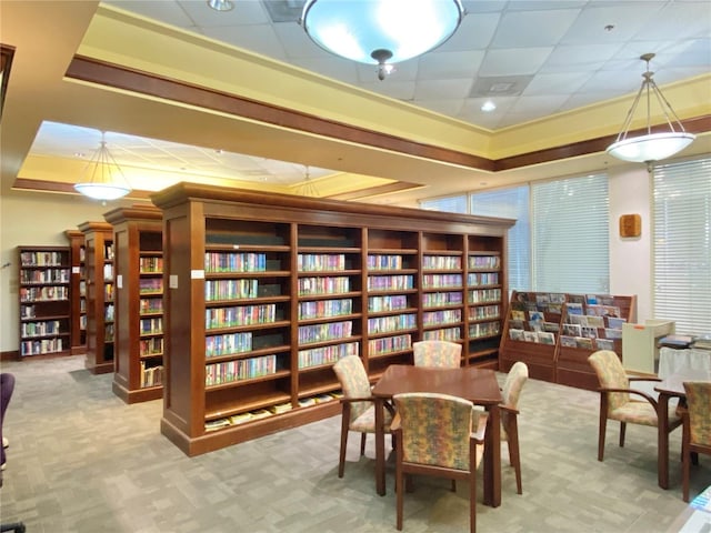 sitting room with a drop ceiling and light colored carpet