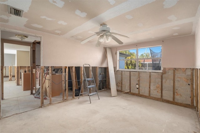 interior space with ceiling fan