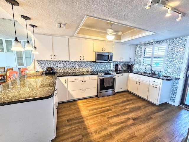 kitchen featuring sink, hanging light fixtures, stainless steel appliances, a raised ceiling, and white cabinets