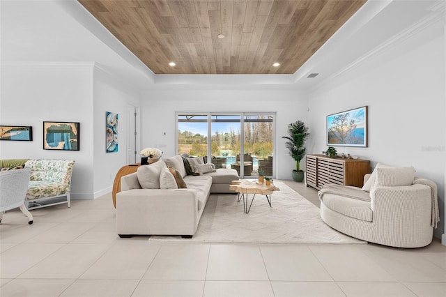 living room with crown molding, light tile patterned floors, wood ceiling, and a tray ceiling