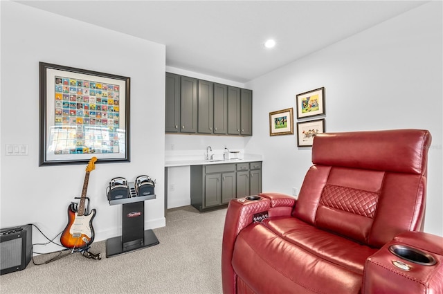 sitting room with sink and light carpet