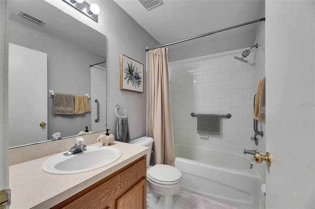 full bathroom with toilet, vanity, shower / tub combo with curtain, and tile patterned flooring