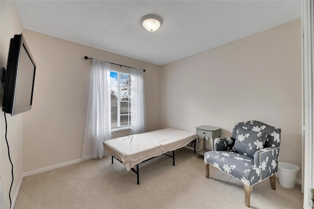 bedroom with a textured ceiling and light colored carpet