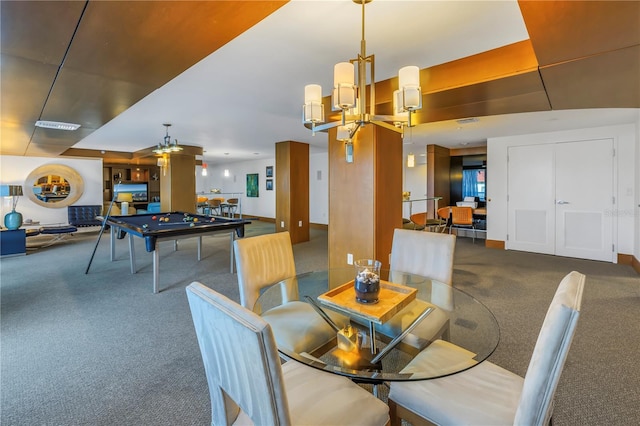 dining room featuring visible vents, billiards, and carpet floors