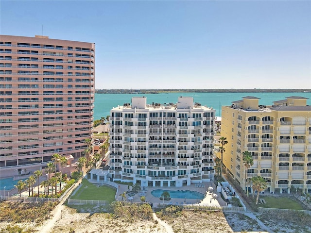 birds eye view of property featuring a water view