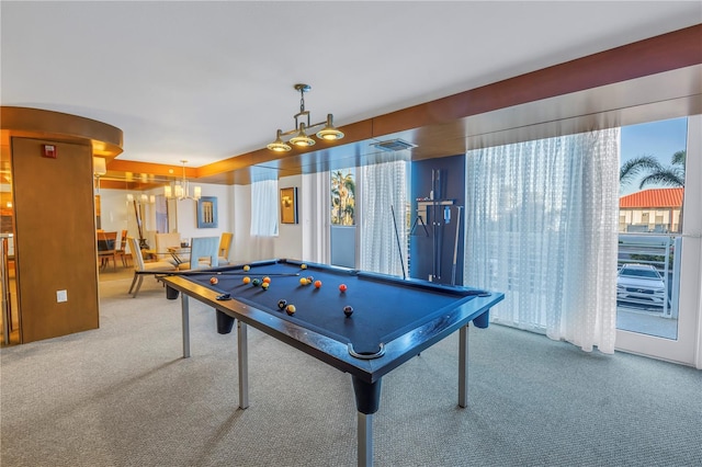 game room with visible vents, carpet floors, and pool table