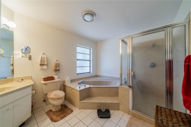 full bathroom featuring tile patterned flooring, plus walk in shower, vanity, and toilet