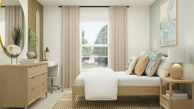 bedroom featuring light colored carpet