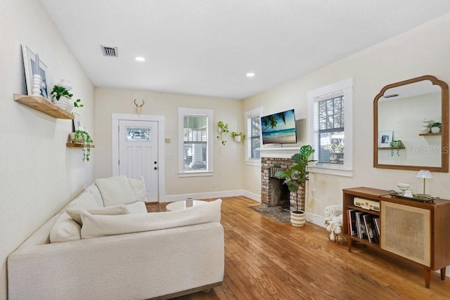 living room with a fireplace and wood-type flooring