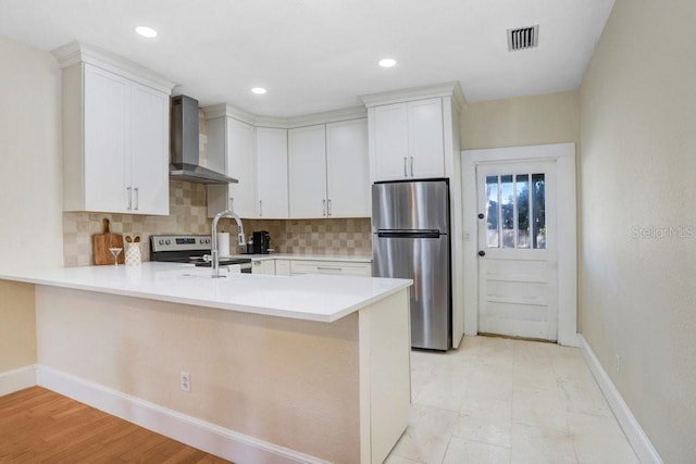 kitchen featuring white cabinetry, decorative backsplash, kitchen peninsula, stainless steel appliances, and wall chimney range hood