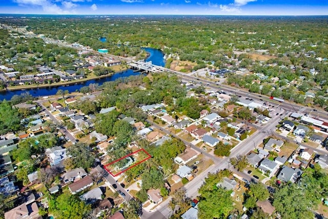 drone / aerial view featuring a water view