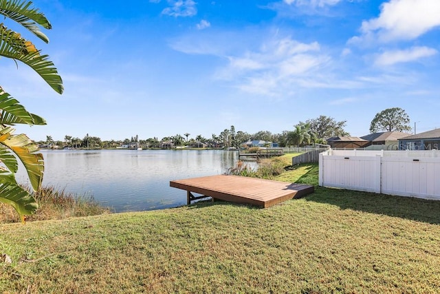 view of dock featuring a water view and a lawn