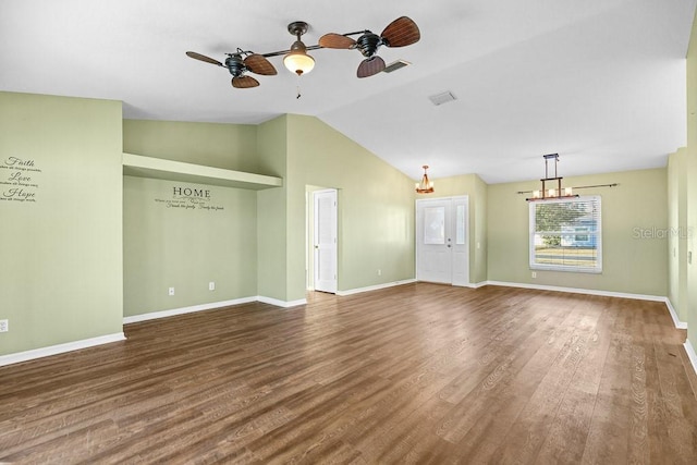 unfurnished living room with ceiling fan, dark hardwood / wood-style flooring, and lofted ceiling