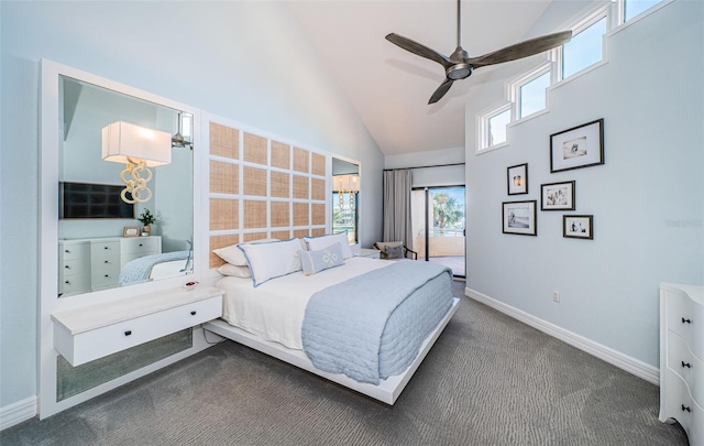 bedroom featuring ceiling fan, high vaulted ceiling, and carpet