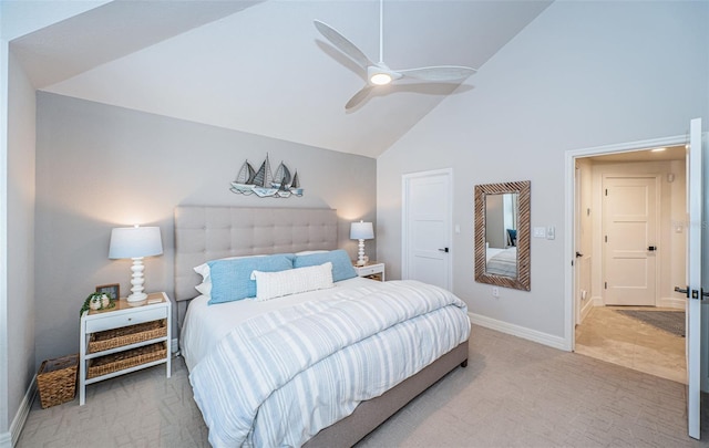 bedroom featuring ceiling fan, high vaulted ceiling, and carpet