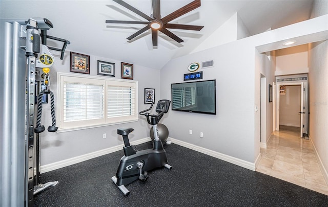 exercise room with lofted ceiling