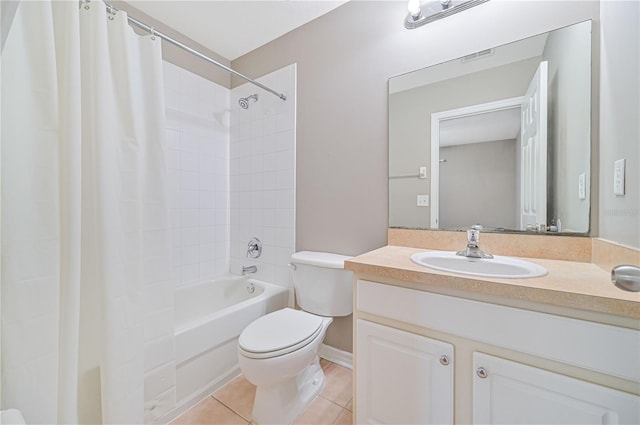 full bathroom with shower / bath combo with shower curtain, tile patterned flooring, vanity, and toilet