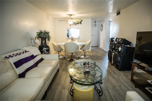 living room with ceiling fan