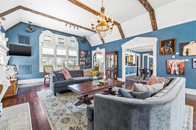 living room featuring a notable chandelier, lofted ceiling, and dark wood-type flooring