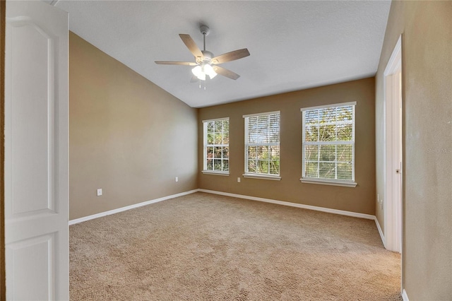 carpeted empty room with ceiling fan and lofted ceiling