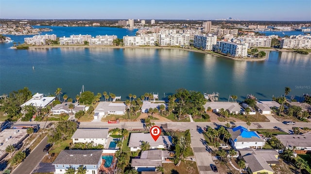 bird's eye view with a water view