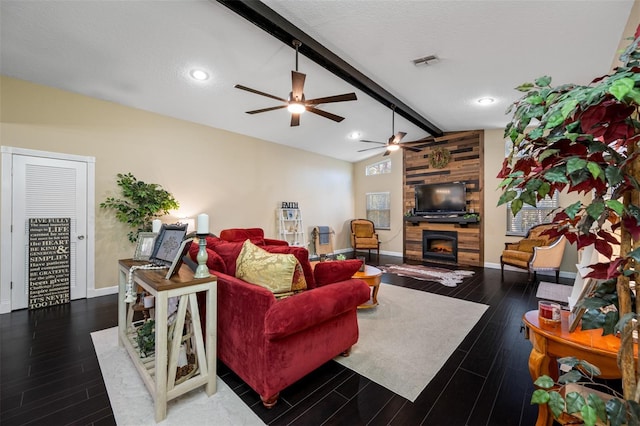 living room featuring a ceiling fan, wood finished floors, lofted ceiling with beams, baseboards, and visible vents