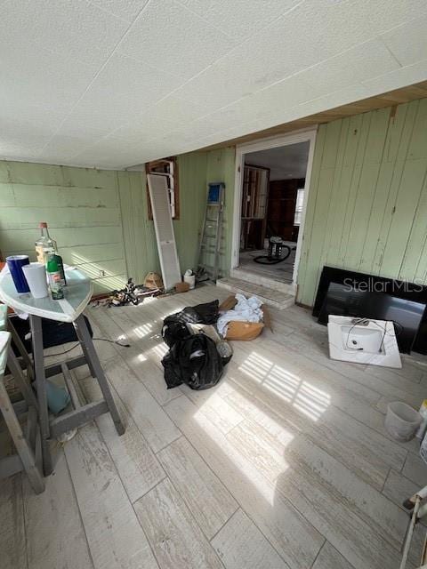 miscellaneous room featuring wood walls and light hardwood / wood-style flooring