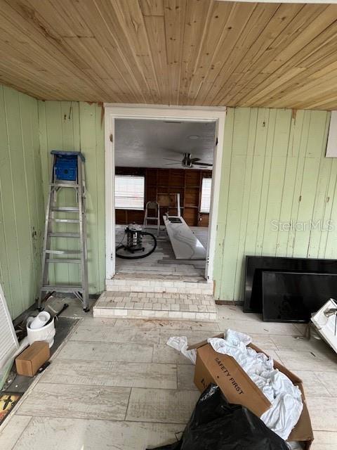 misc room with wooden ceiling and wooden walls