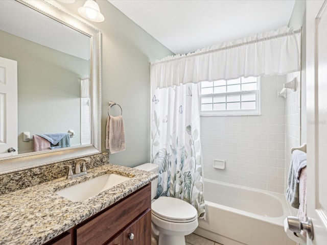 full bathroom with vanity, shower / bathtub combination with curtain, and toilet