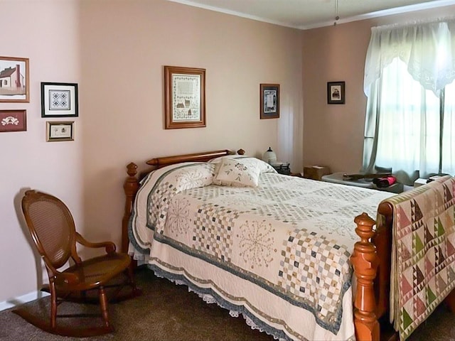 carpeted bedroom featuring ornamental molding