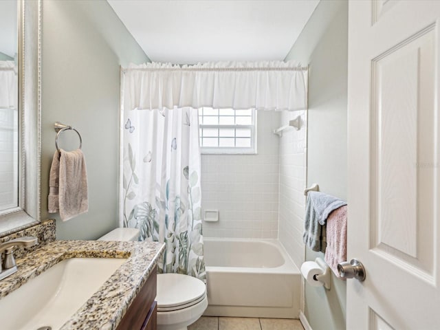 full bathroom with toilet, tile patterned floors, vanity, and shower / tub combo with curtain