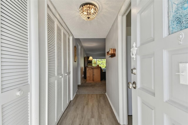 hall with light hardwood / wood-style floors and a textured ceiling