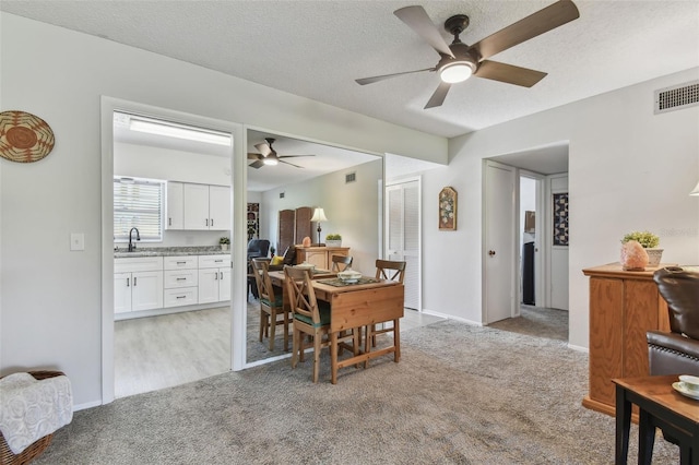 carpeted dining room with sink and a textured ceiling