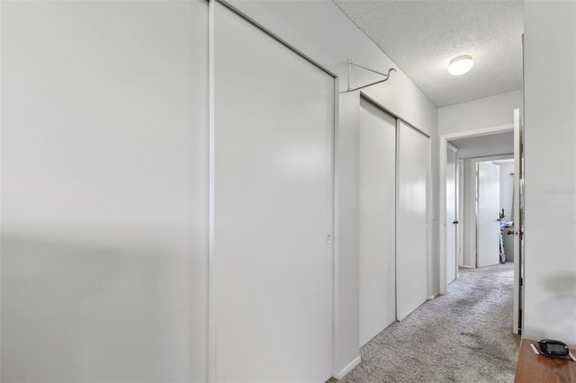 hall featuring light carpet and a textured ceiling