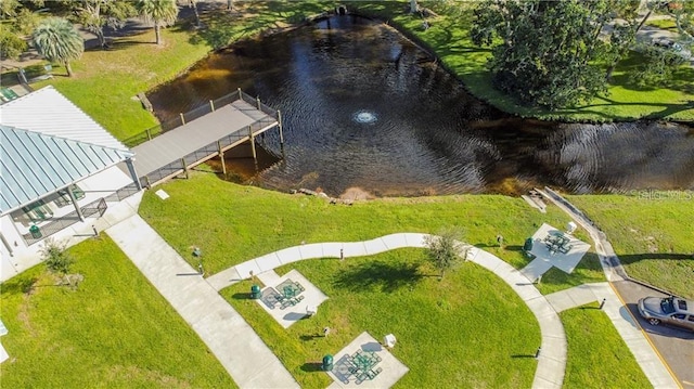 drone / aerial view featuring a water view