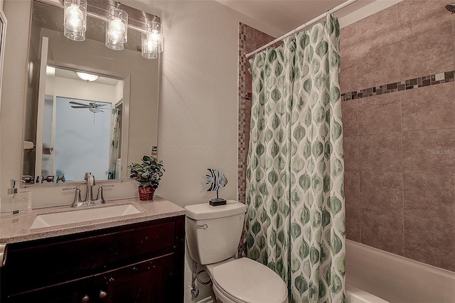 full bathroom featuring vanity, toilet, ceiling fan, and shower / bath combo with shower curtain