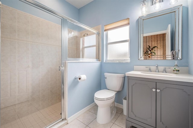 bathroom with tile patterned floors, vanity, toilet, and an enclosed shower