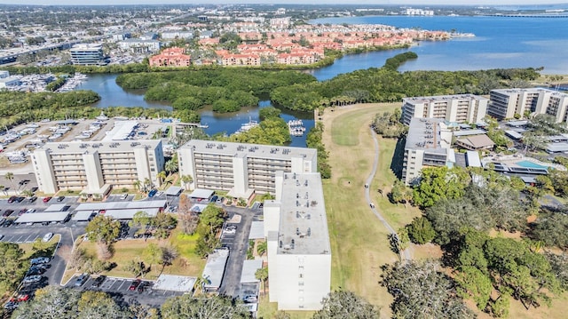 drone / aerial view with a water view