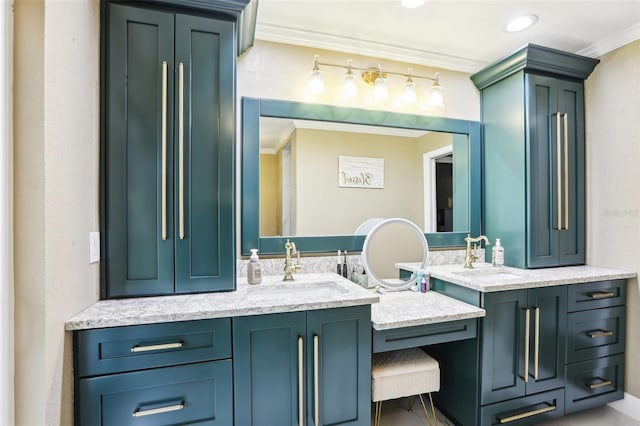 bathroom with vanity and crown molding