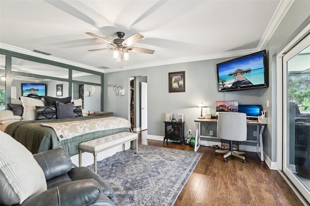 bedroom with access to exterior, dark hardwood / wood-style flooring, ceiling fan, and crown molding