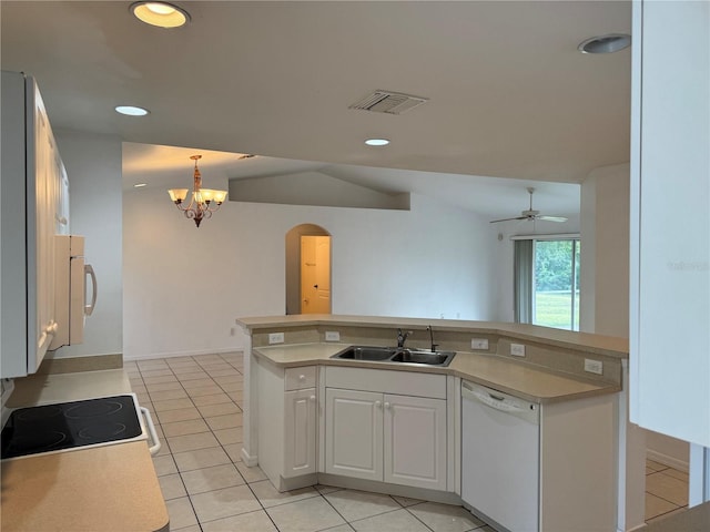 kitchen featuring white cabinetry, sink, white dishwasher, pendant lighting, and range