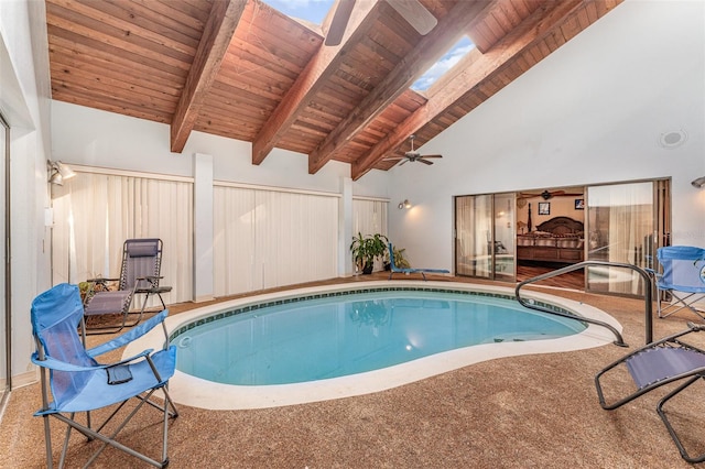 view of pool featuring ceiling fan, a hot tub, and a skylight